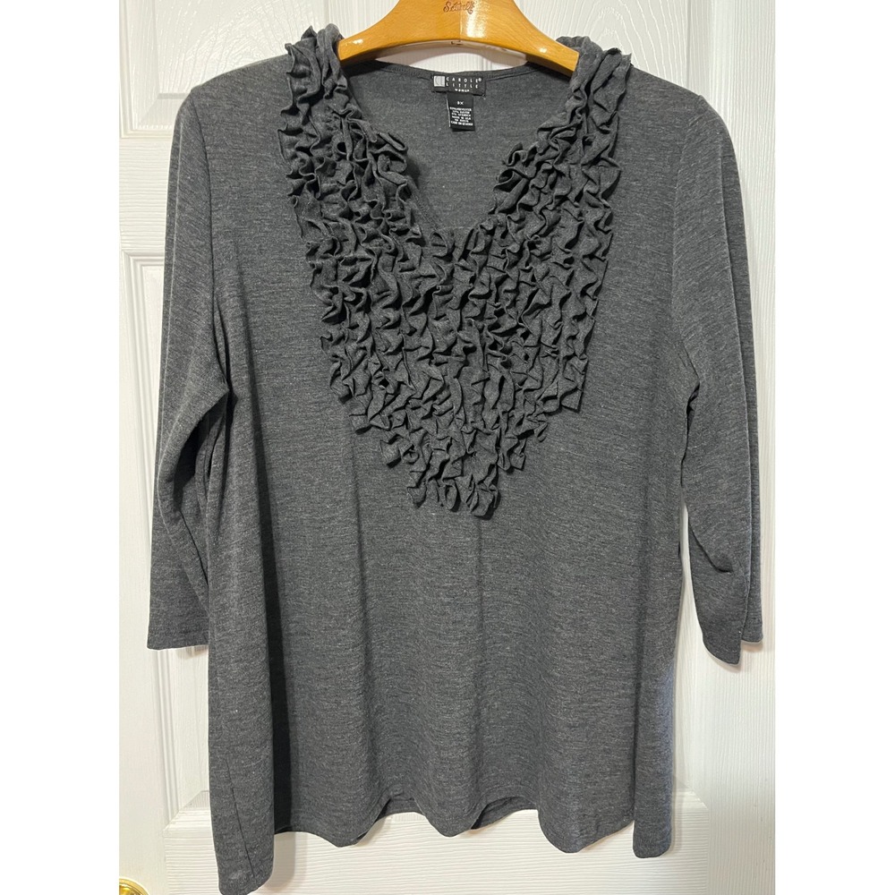 Carole Little‎ Gray Ruffle Trim 3/4 Sleeve Top Plus Size 3X Blouse